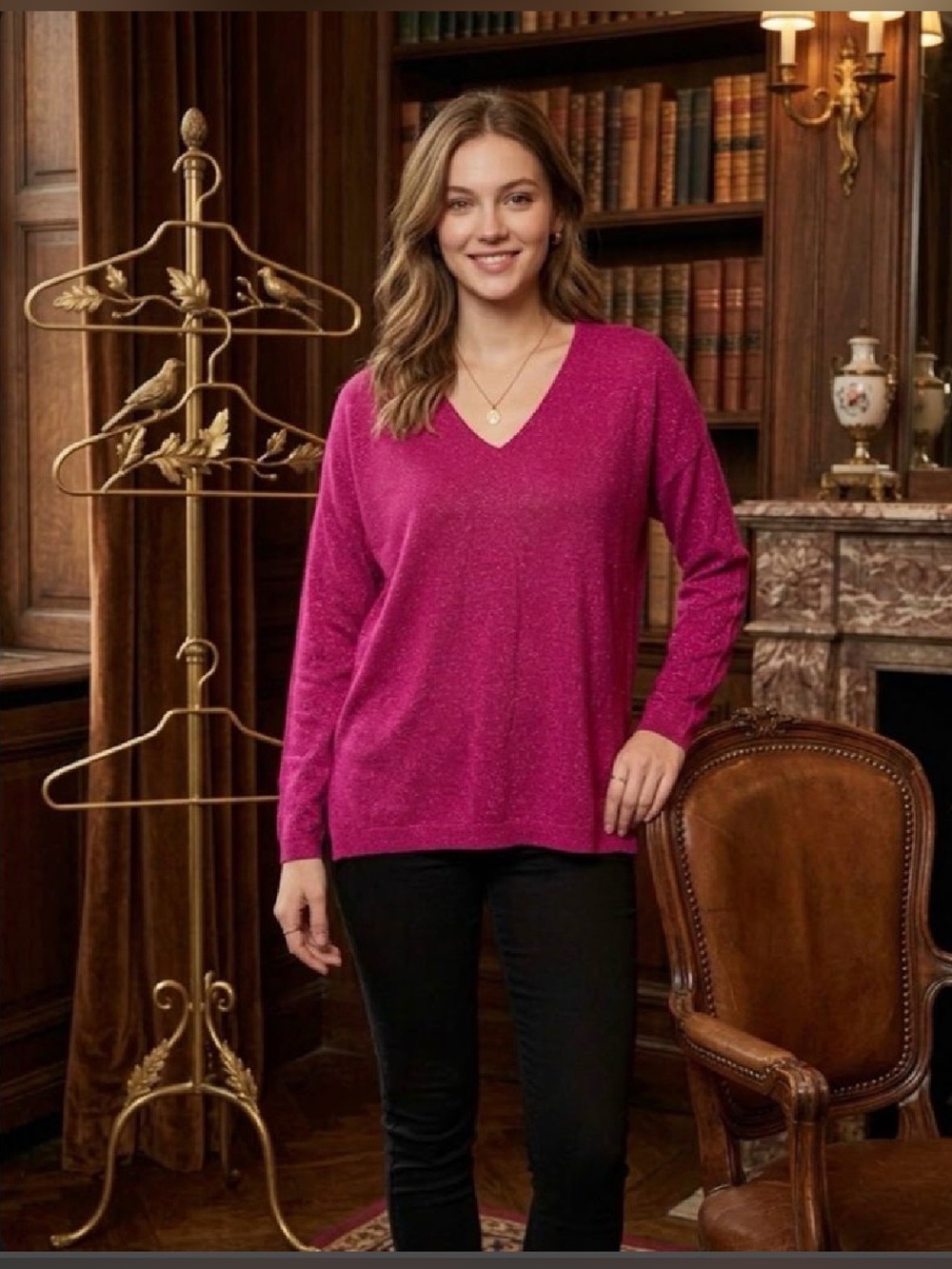 V-Neck Long Sleeve Sweater - Fuchsia Pink